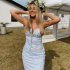 Women Spaghetti Strap Dress Summer Sexy High Waist Backless Lace up Long Skirt Elegant Floral Printing Pleated Dress blue S