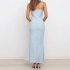 Women Spaghetti Strap Dress Summer Sexy High Waist Backless Lace up Long Skirt Elegant Floral Printing Pleated Dress blue XXL