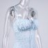 Women Spaghetti Strap Dress Summer Sexy High Waist Backless Lace up Long Skirt Elegant Floral Printing Pleated Dress blue XXL