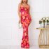 Women Spaghetti Strap Dress Summer Sexy High Waist Backless Lace up Long Skirt Elegant Floral Printing Pleated Dress blue XXL