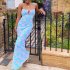 Women Spaghetti Strap Dress Summer Sexy High Waist Backless Lace up Long Skirt Elegant Floral Printing Pleated Dress blue XXL