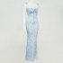 Women Spaghetti Strap Dress Summer Sexy High Waist Backless Lace up Long Skirt Elegant Floral Printing Pleated Dress blue XXL