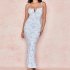 Women Spaghetti Strap Dress Summer Sexy High Waist Backless Lace up Long Skirt Elegant Floral Printing Pleated Dress blue XXL