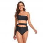 Women Split Swimsuit Fashion Printed Mid-waist Bikini Sexy One Shoulder Swimwear With Chest Pad black S