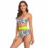 Women Split Swimsuit Fashion Printed Mid waist Bikini Sexy One Shoulder Swimwear With Chest Pad red flower on black background XL