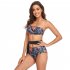 Women Split Swimsuit Fashion Printed Mid waist Bikini Sexy One Shoulder Swimwear With Chest Pad red flower on black background XL