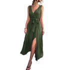 Women Split Thigh Deep V Neck Maxi Dress Waist Fit Sleeveless Solid Color Long Tank Dress For Party Dinner