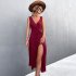 Women Split Thigh Deep V Neck Maxi Dress Waist Fit Sleeveless Solid Color Long Tank Dress For Party Dinner ArmyGreen S