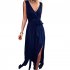 Women Split Thigh Deep V Neck Maxi Dress Waist Fit Sleeveless Solid Color Long Tank Dress For Party Dinner Dark blue L