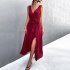 Women Split Thigh Deep V Neck Maxi Dress Waist Fit Sleeveless Solid Color Long Tank Dress For Party Dinner ArmyGreen S