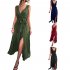 Women Split Thigh Deep V Neck Maxi Dress Waist Fit Sleeveless Solid Color Long Tank Dress For Party Dinner ArmyGreen S