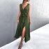 Women Split Thigh Deep V Neck Maxi Dress Waist Fit Sleeveless Solid Color Long Tank Dress For Party Dinner ArmyGreen S