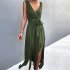 Women Split Thigh Deep V Neck Maxi Dress Waist Fit Sleeveless Solid Color Long Tank Dress For Party Dinner ArmyGreen S