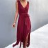Women Split Thigh Deep V Neck Maxi Dress Waist Fit Sleeveless Solid Color Long Tank Dress For Party Dinner ArmyGreen S