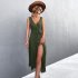 Women Split Thigh Deep V Neck Maxi Dress Waist Fit Sleeveless Solid Color Long Tank Dress For Party Dinner ArmyGreen S
