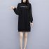Women Spring Autumn Dress Letter Printing Half High Collar Long Sleeve Loose Waist Dress black XL