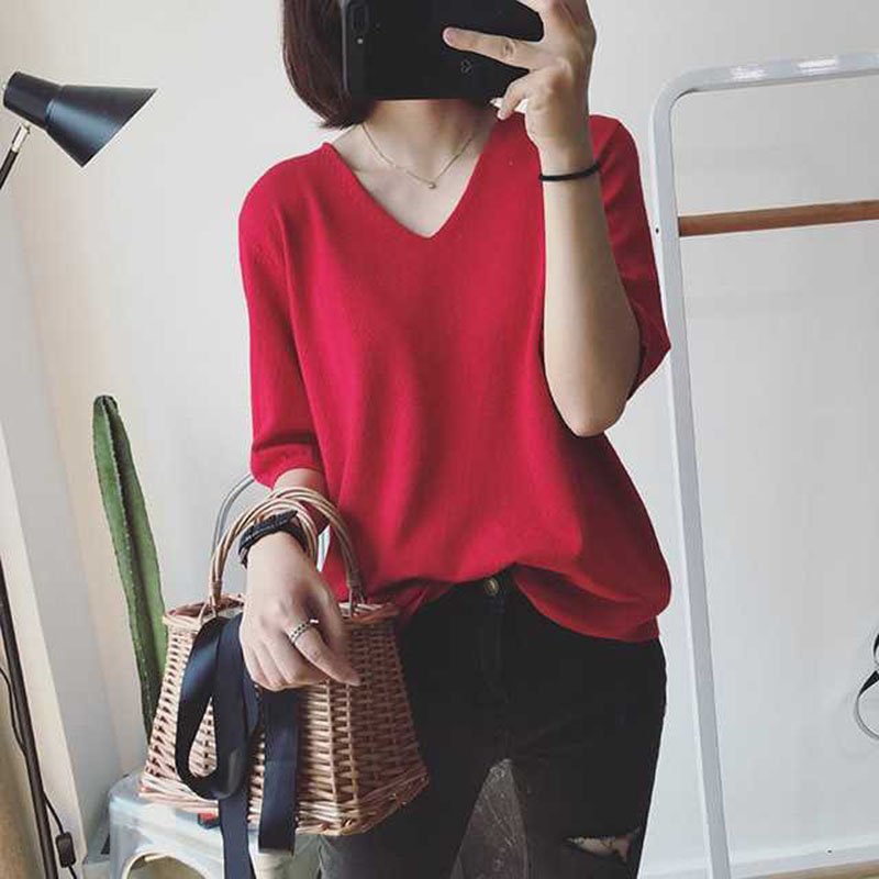 Women Spring Summer Pure Color Blouse Loose Casual Half-sleeve Knit T-shirt  red_One size