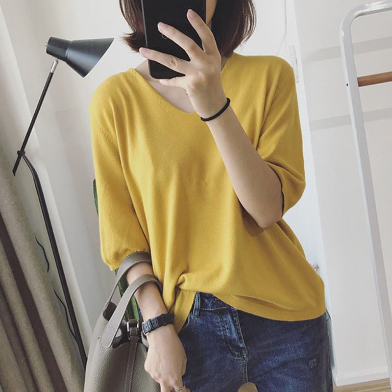 Women Spring Summer Pure Color Blouse Loose Casual Half-sleeve Knit T-shirt  yellow_One size