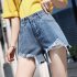 Women Spring Summer Pure Color High Waist Rough Edge Denim Shorts black XL 29