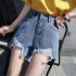 Women Spring Summer Pure Color High Waist Rough Edge Denim Shorts black XL 29