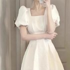 Women Square Collar Short Sleeves Dress Fashion French Style A-line Skirt Elegant Solid Color Long Dress White M