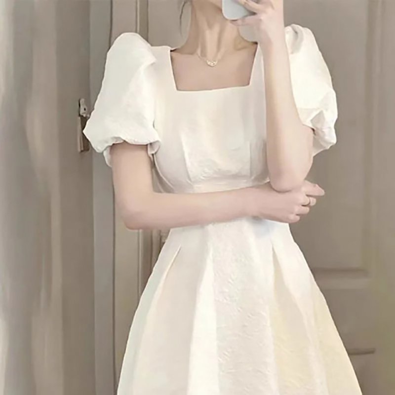 Women Square Collar Short Sleeves Dress Fashion French Style A-line Skirt Elegant Solid Color Long Dress White XL