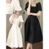 Women Square Collar Short Sleeves Dress Fashion French Style A line Skirt Elegant Solid Color Long Dress White XL