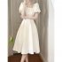 Women Square Collar Short Sleeves Dress Fashion French Style A line Skirt Elegant Solid Color Long Dress black L