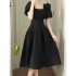 Women Square Collar Short Sleeves Dress Fashion French Style A line Skirt Elegant Solid Color Long Dress black L