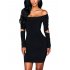 Women Strapless Hollow carved Wide Boat Neck Long Sleeve Short Skirt Bodycon Pencil Dress Pure Color