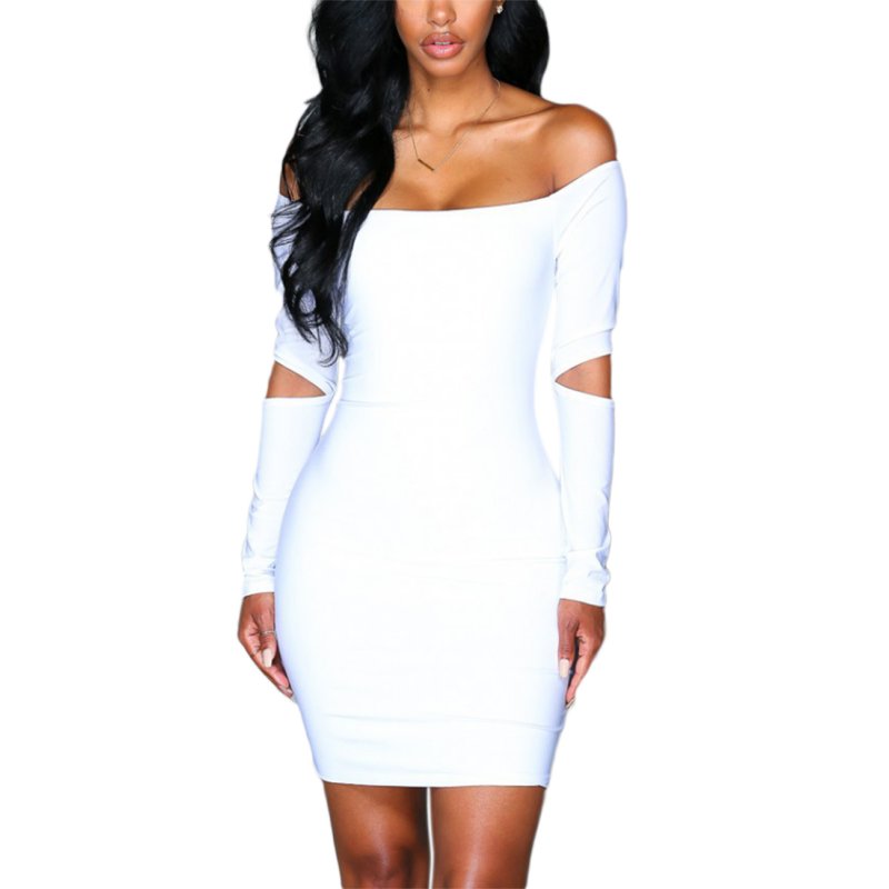Women Strapless Hollow-carved Wide Boat Neck Long Sleeve Short Skirt Bodycon Pencil Dress Pure Color