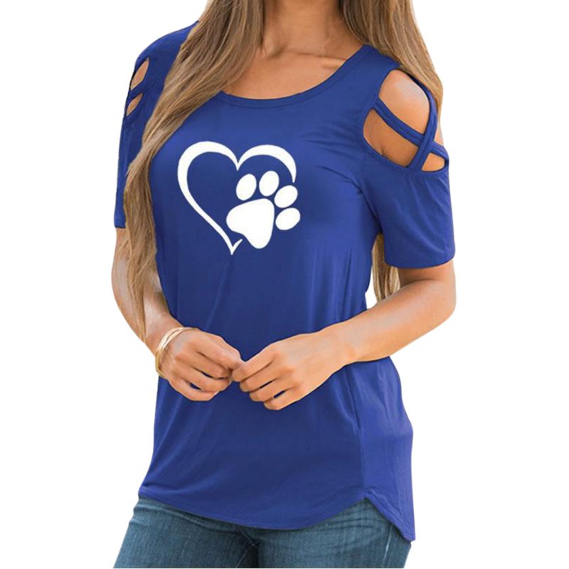 Women Stylish Off Shoulder Heart-shaped Printing T-Shirt Casual Round Neck Tops