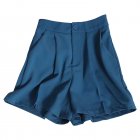 Women Suit Shorts Summer High Waist Solid Color Casual Straight Wide-leg Pants With Pockets blue L