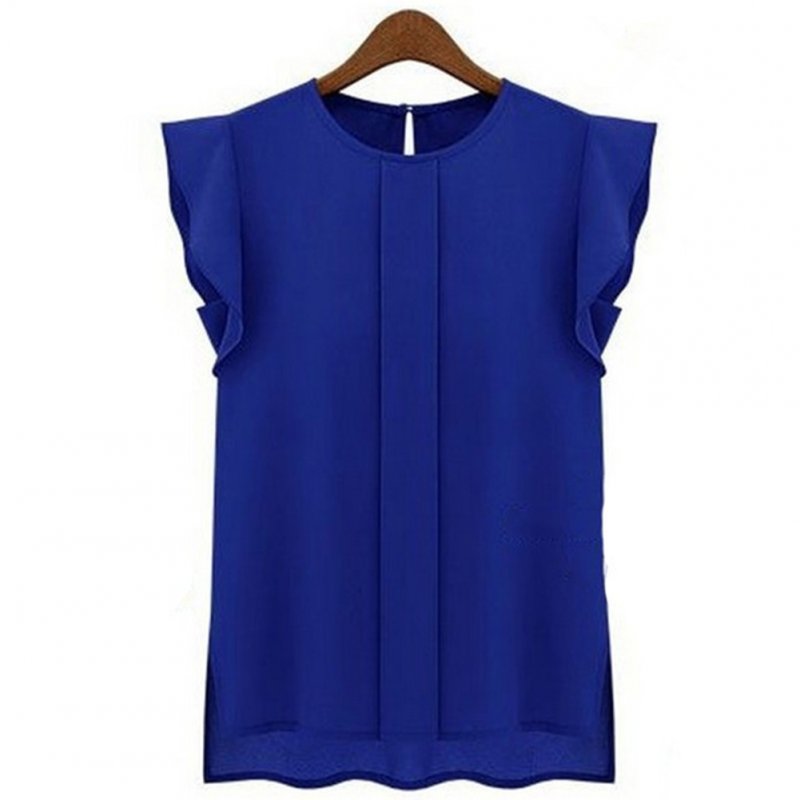 Women Summer Casual All-match Solid Color Round Neck Chiffon Shirt sapphire_M