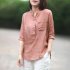 Women Summer Casual Cotton and Linen Stand Collar Shirt  Loose Mid length Sleeve Shirt Pale pink M