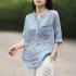 Women Summer Casual Cotton and Linen Stand Collar Shirt  Loose Mid length Sleeve Shirt Ice blue M