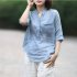 Women Summer Casual Cotton and Linen Stand Collar Shirt  Loose Mid length Sleeve Shirt Ice blue L