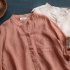 Women Summer Casual Cotton and Linen Stand Collar Shirt  Loose Mid length Sleeve Shirt Navy XXXL