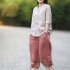 Women Summer Casual Cotton and Linen Stand Collar Shirt  Loose Mid length Sleeve Shirt Beige L