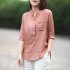 Women Summer Casual Cotton and Linen Stand Collar Shirt  Loose Mid length Sleeve Shirt Beige L