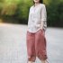 Women Summer Casual Cotton and Linen Stand Collar Shirt  Loose Mid length Sleeve Shirt Beige M