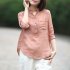 Women Summer Casual Cotton and Linen Stand Collar Shirt  Loose Mid length Sleeve Shirt Pale pink XXL
