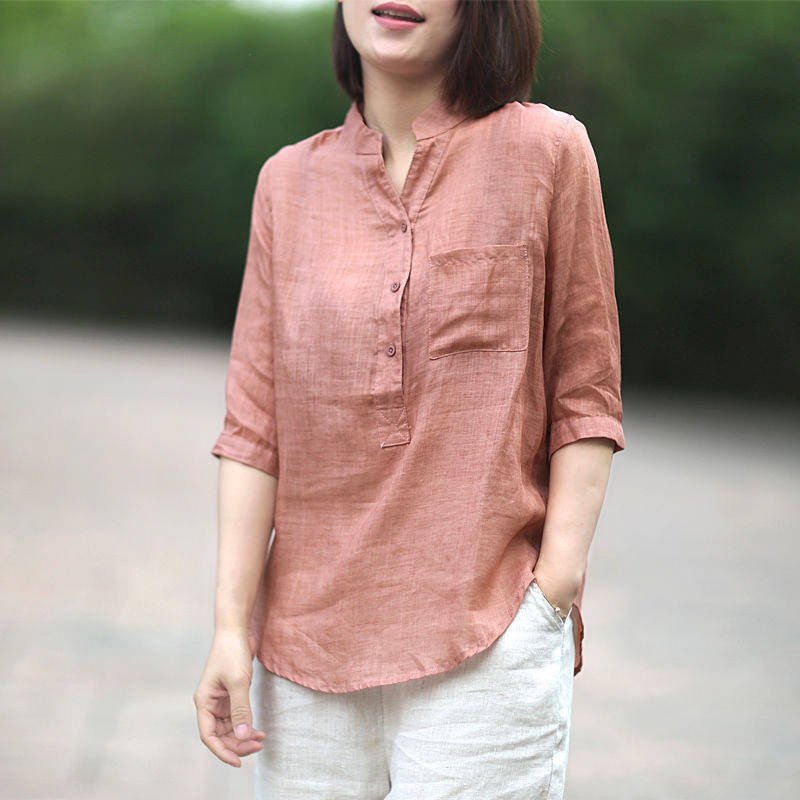 Women Summer Casual Cotton and Linen Stand Collar Shirt  Loose Mid-length Sleeve Shirt Pale pink_L