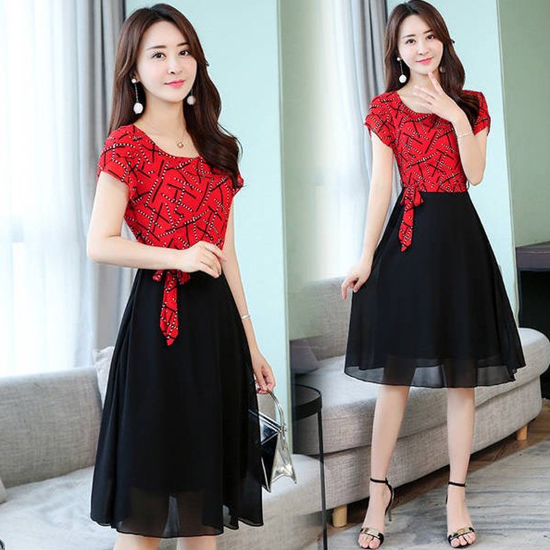 Women Summer Casual Fashion Stripe Pattern Short-sleeved A-shaped Dress red_XXL