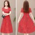 Women Summer Casual Flower Printing Leisure Short Sleeve Long Dress red XL