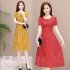 Women Summer Casual Flower Printing Leisure Short Sleeve Long Dress red XXL