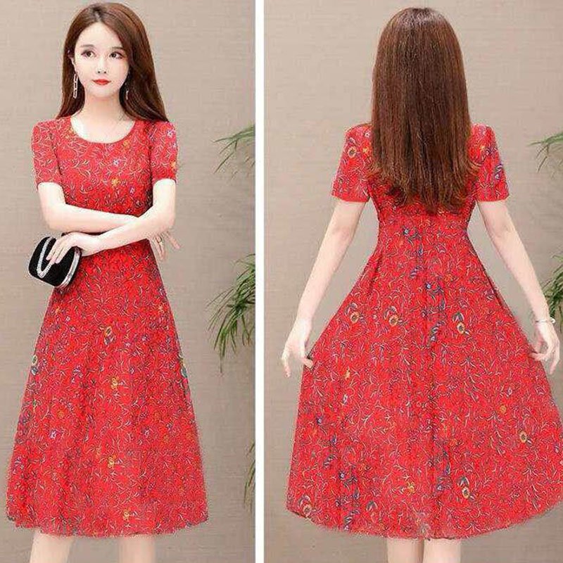 Women Summer Casual Flower Printing Leisure Short Sleeve Long Dress red_XL