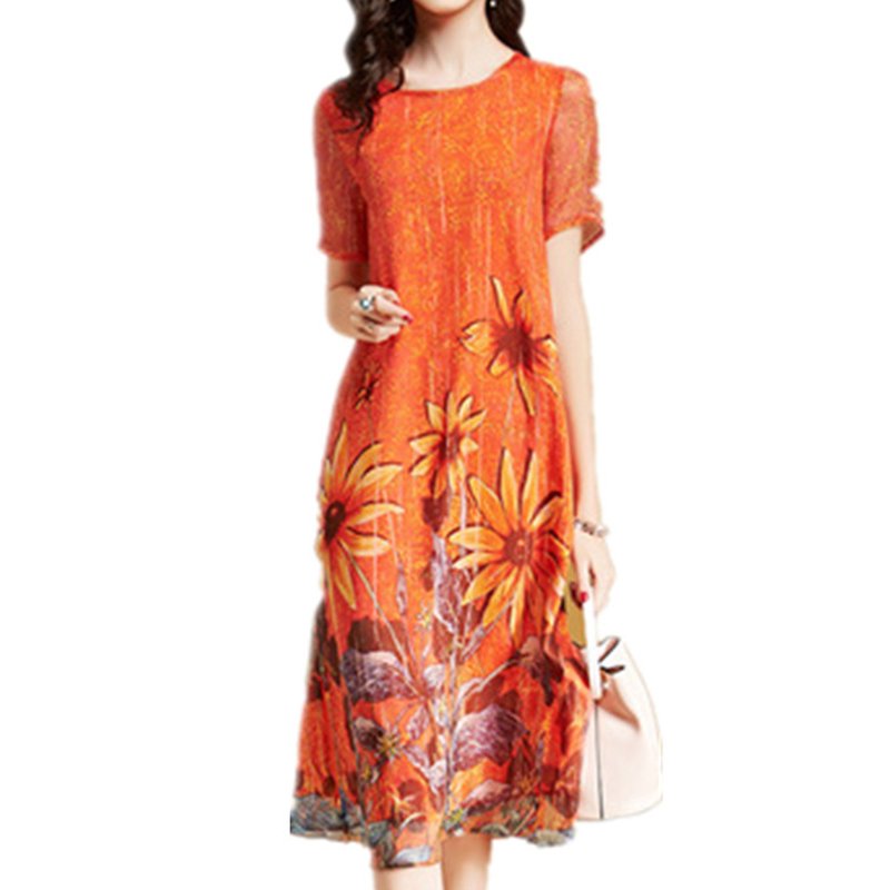 Women Summer Casual Loose Fashion Printing Knee-length Maxi Dress Orange_L