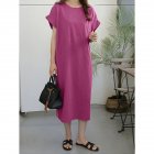 Women Summer Casual Round Neck Dress Solid Color Short Sleeve Loose Slit Long Dress rose Red 4XL