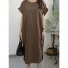 Women Summer Casual Round Neck Dress Solid Color Short Sleeve Loose Slit Long Dress Brown L